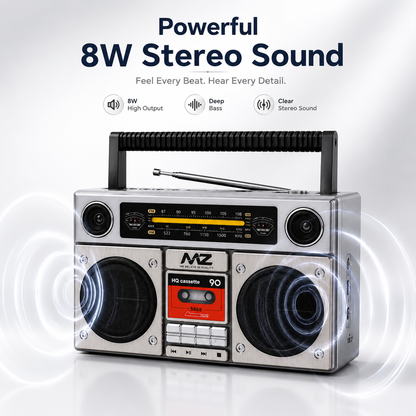 Retro portable Bluetooth speaker with powerful 8W stereo sound, FM/AM radio, USB, TF card, AUX input and Type-C charging