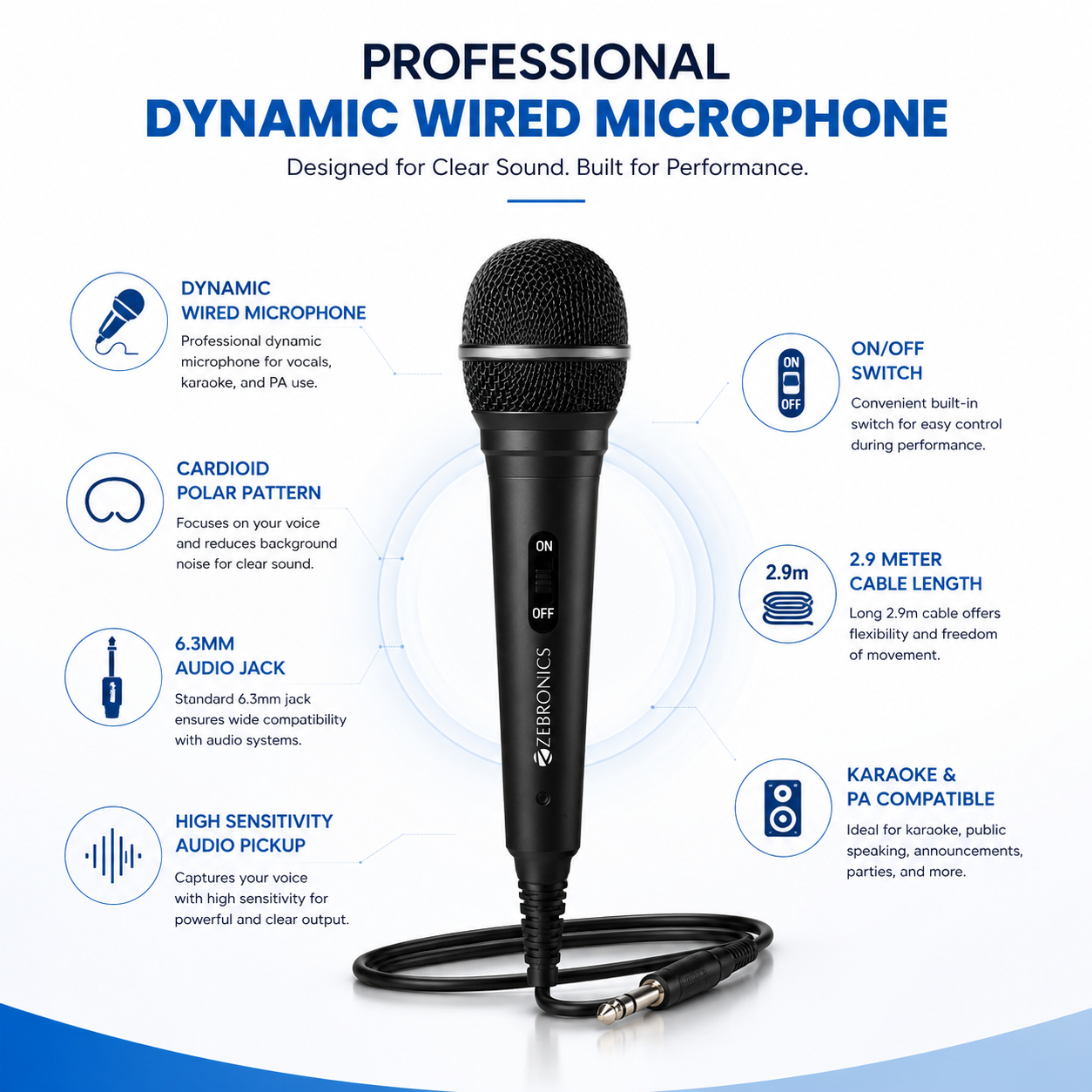 Professional dynamic wired microphone with 6.3mm audio jack, black handheld design, built-in ON/OFF switch, and long cable on a clean white background.