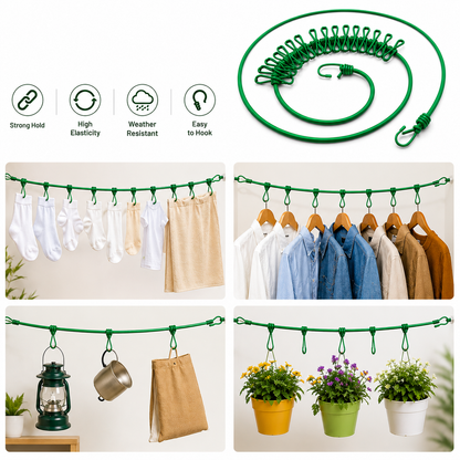 Portable green elastic clothesline showing laundry, wardrobe, camping, and plant hanging applications.