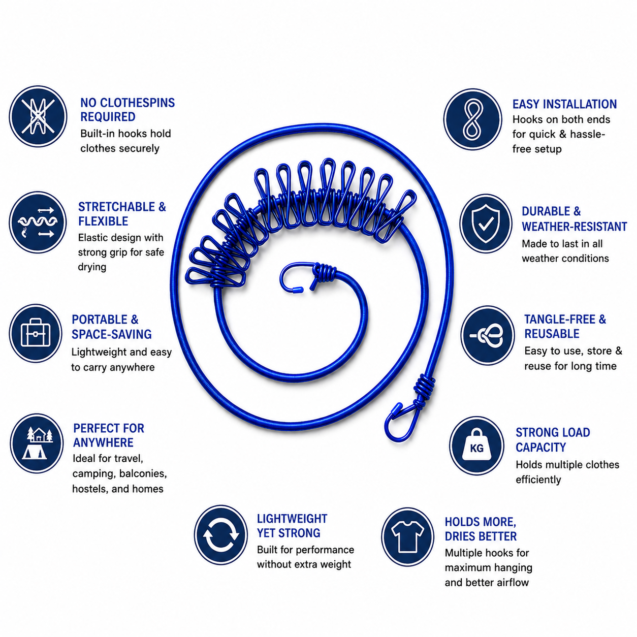 ClipLoop Portable Drying Rope with built-in hooks, stretchable elastic clothesline for travel, camping, balconies, hostels, and home laundry drying
