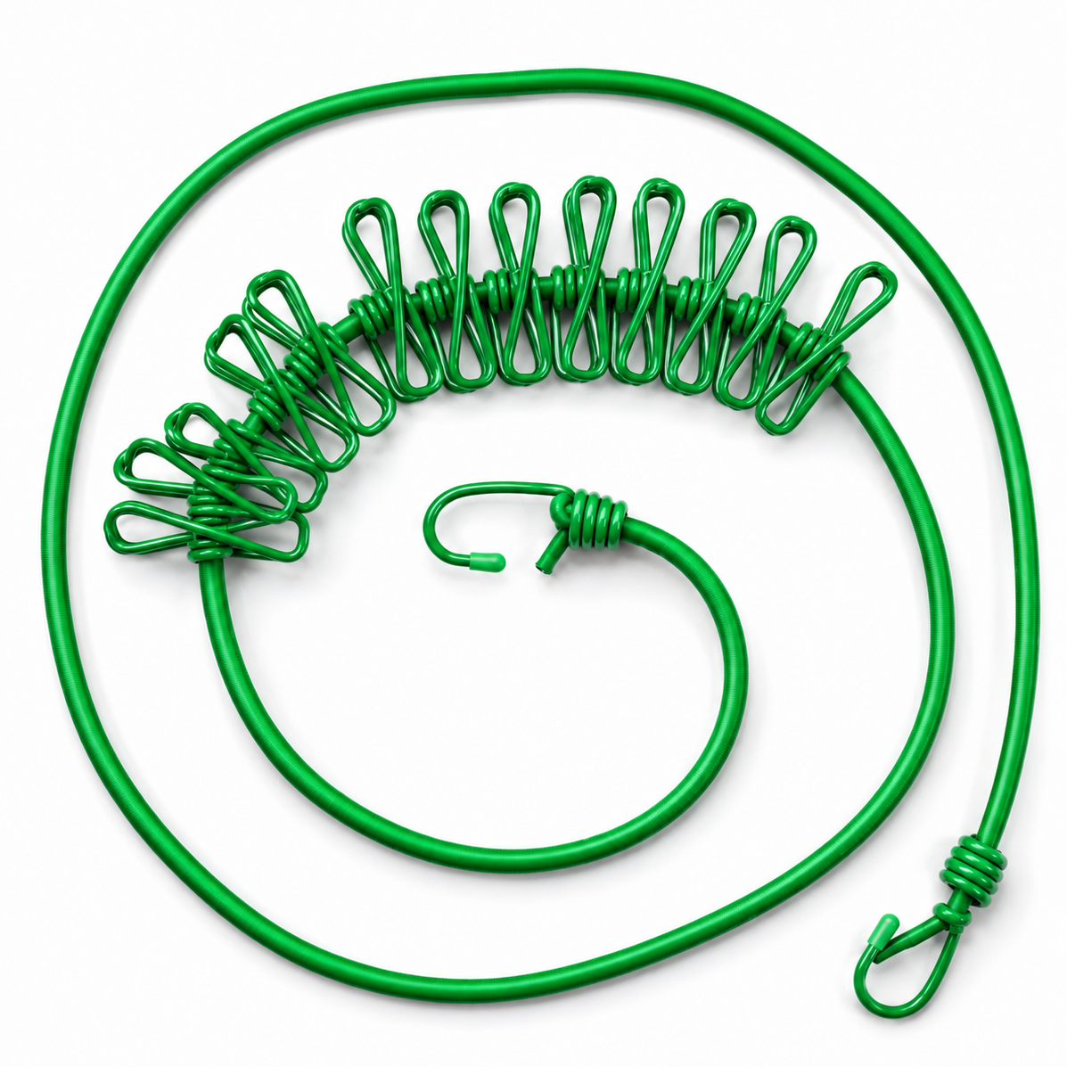 Green ClipLoop Portable Drying Rope featuring multiple built-in hooks, stretchable laundry line for travel, camping, and home use