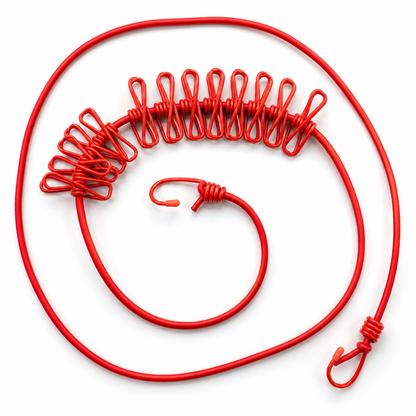 Red ClipLoop Portable Drying Rope with elastic clothesline and integrated hanging hooks for convenient laundry drying anywhere