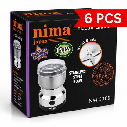 150W electric coffee and spice grinder with stainless steel bowl and metal blade shown on product packaging, suitable for grinding coffee beans, spices and dry ingredients.