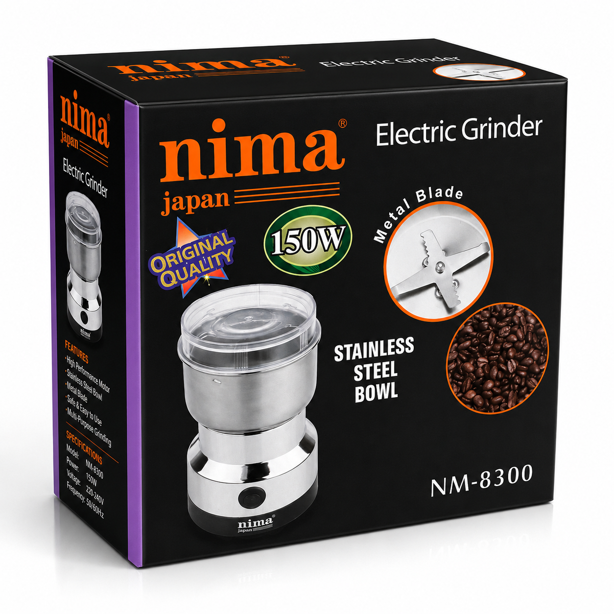 150W electric coffee and spice grinder with stainless steel bowl and metal blade shown on product packaging, suitable for grinding coffee beans, spices and dry ingredients.