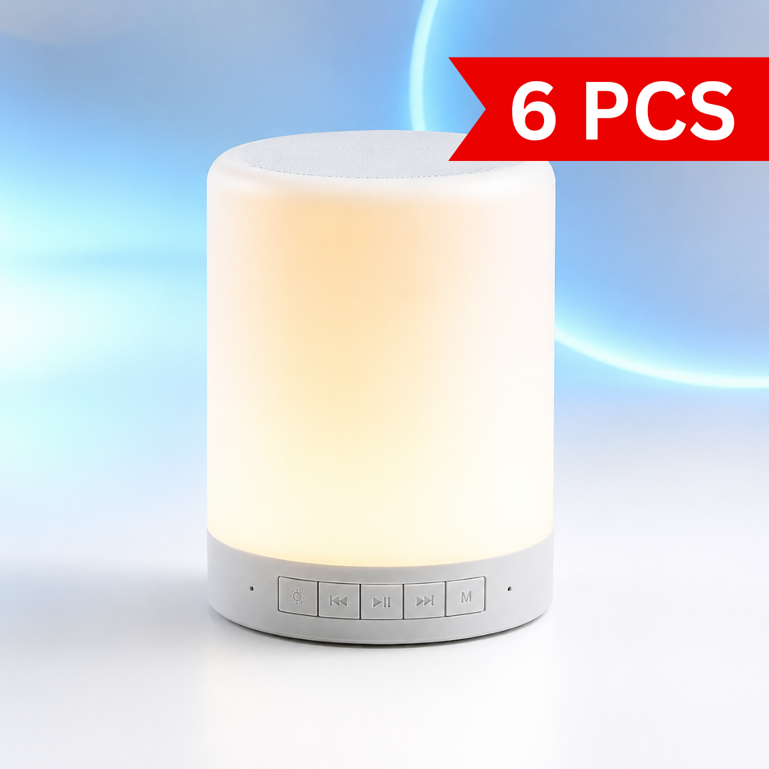 Portable touch lamp speaker with warm white LED illumination, Bluetooth music playback, touch controls and minimalist cylindrical design