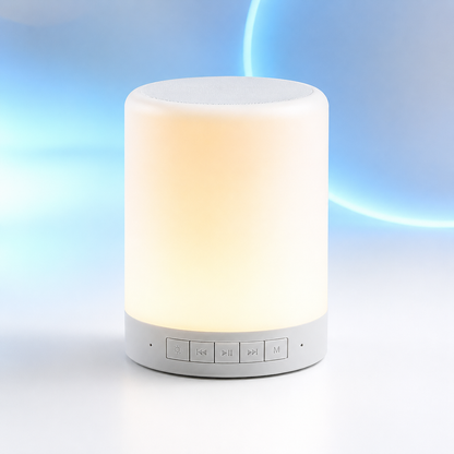 Portable touch lamp speaker with warm white LED illumination, Bluetooth music playback, touch controls and minimalist cylindrical design