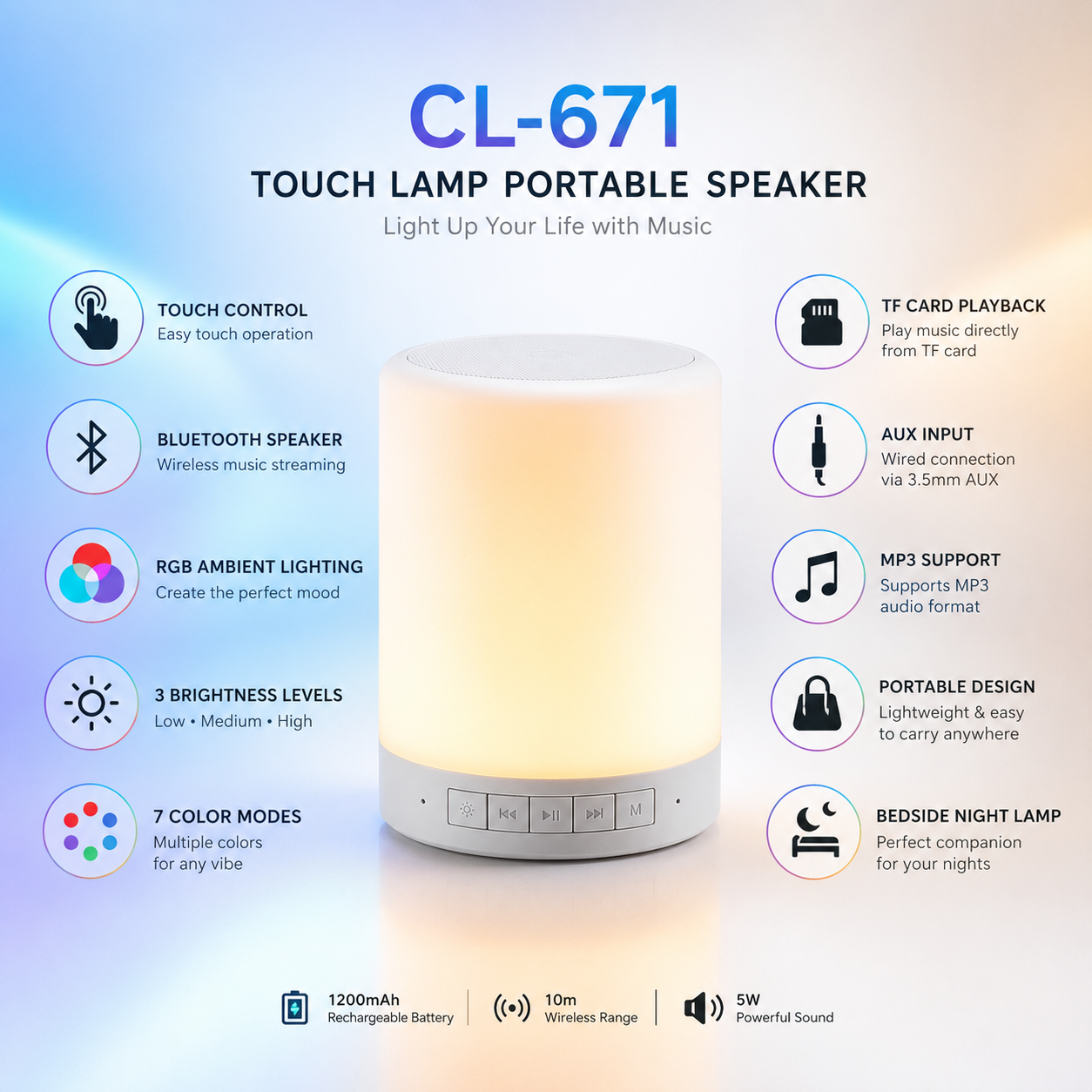 Touch lamp portable speaker infographic highlighting touch control, Bluetooth wireless audio, RGB ambient lighting, 3 brightness levels, 7 color modes, TF card playback, AUX input, MP3 support, portable design, bedside night lamp, 1200mAh rechargeable battery, 10m wireless range and 5W sound output.