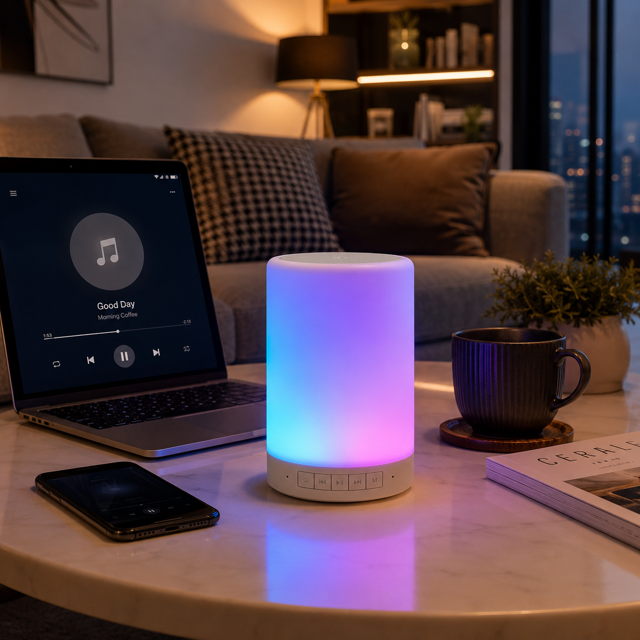 Portable touch lamp Bluetooth speaker glowing with RGB ambient lighting on a living room coffee table beside a laptop, smartphone and coffee mug, creating a relaxing music and mood lighting setup.