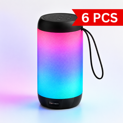 Portable wireless Bluetooth speaker with vibrant RGB LED lighting, cylindrical fabric body, top-mounted control buttons and wrist strap