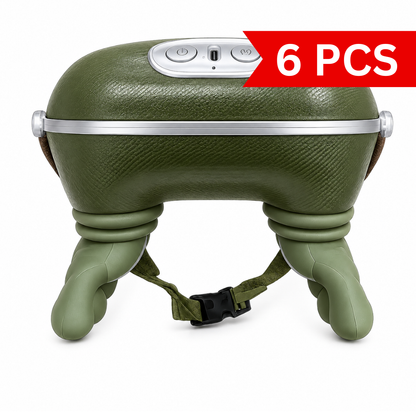 Wireless neck shoulder back massager with multi-node deep tissue massage design, heat function and adjustable hands-free support strap.