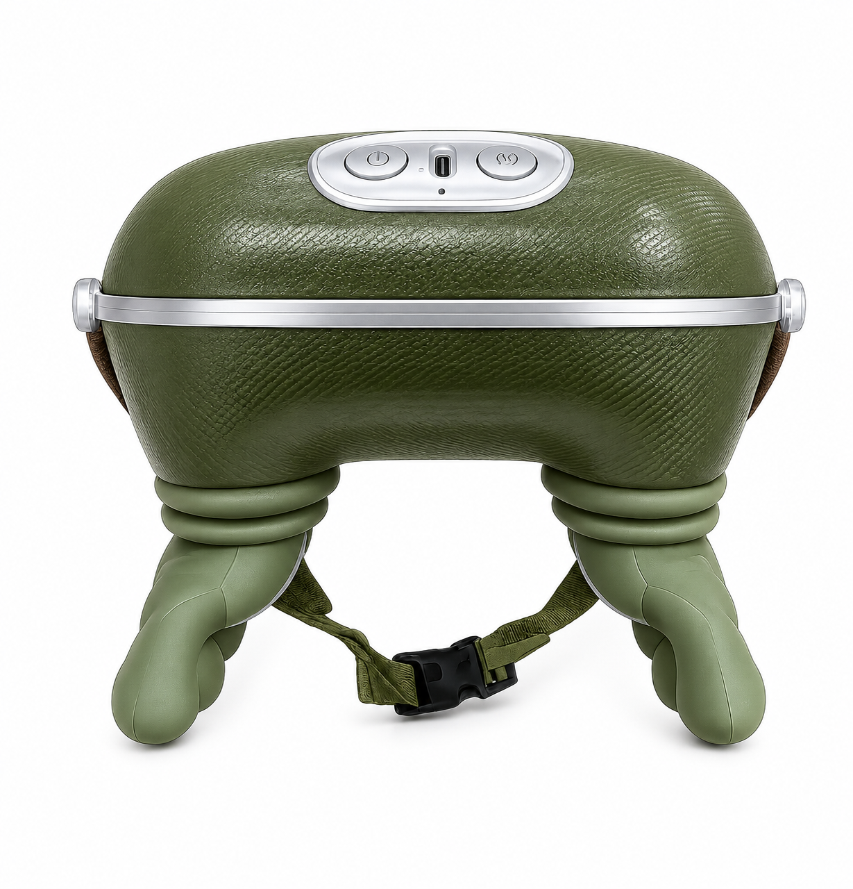 Wireless neck shoulder back massager with multi-node deep tissue massage design, heat function and adjustable hands-free support strap.