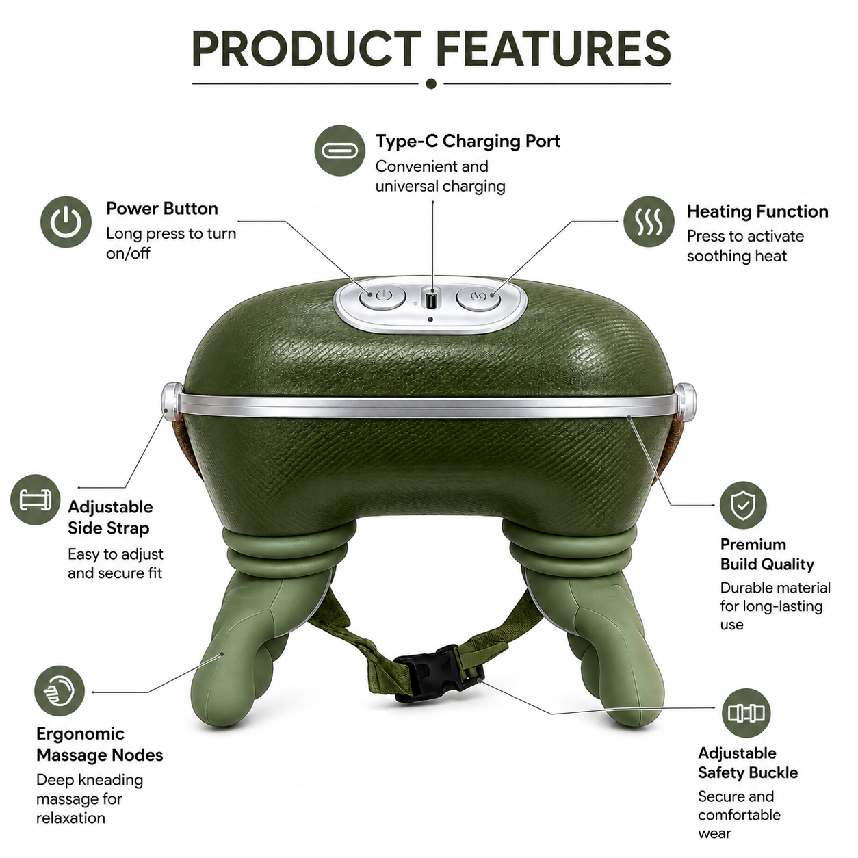 Heated neck and shoulder massager with Type-C charging port, ergonomic massage heads, adjustable straps and easy one-touch controls.