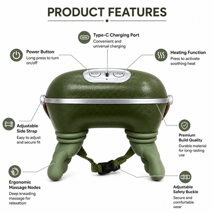 Heated neck and shoulder massager with Type-C charging port, ergonomic massage heads, adjustable straps and easy one-touch controls.