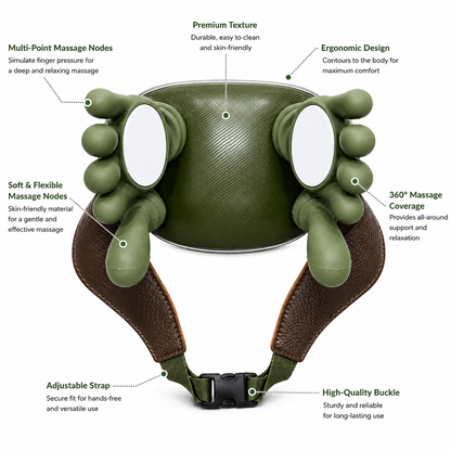 Ergonomic neck and shoulder massager featuring multi-point massage nodes, adjustable strap, 360-degree coverage and soft skin-friendly massage heads.