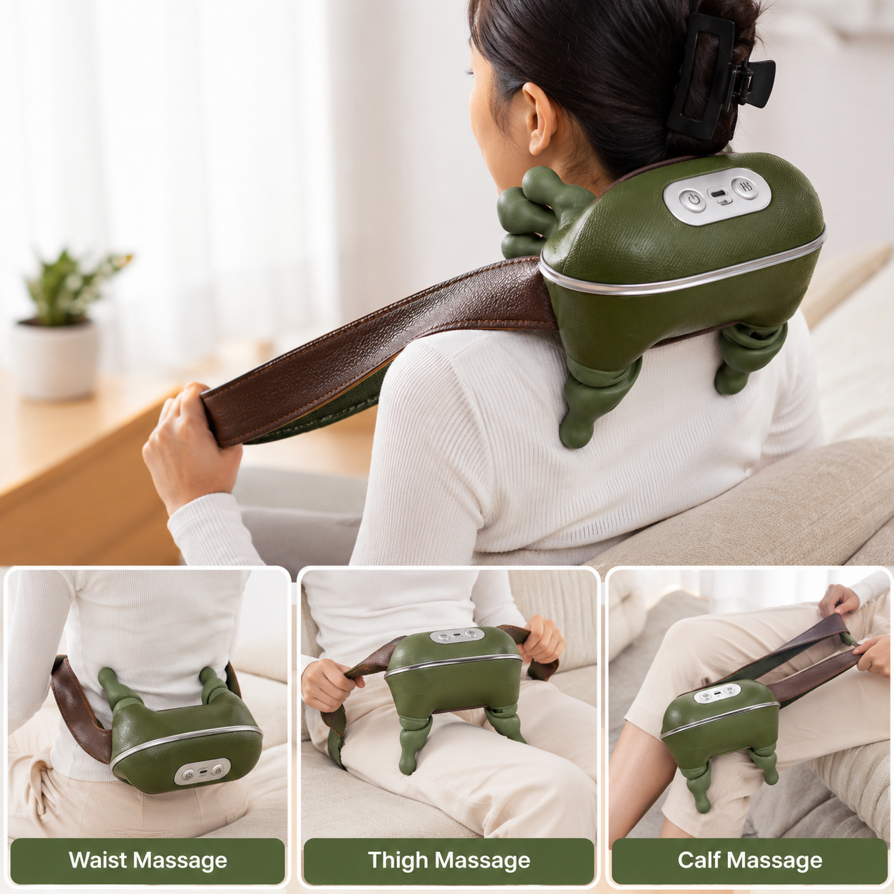 Rechargeable neck and shoulder massager with heat function providing deep kneading massage for neck, shoulders, upper back, waist, thighs and calves.