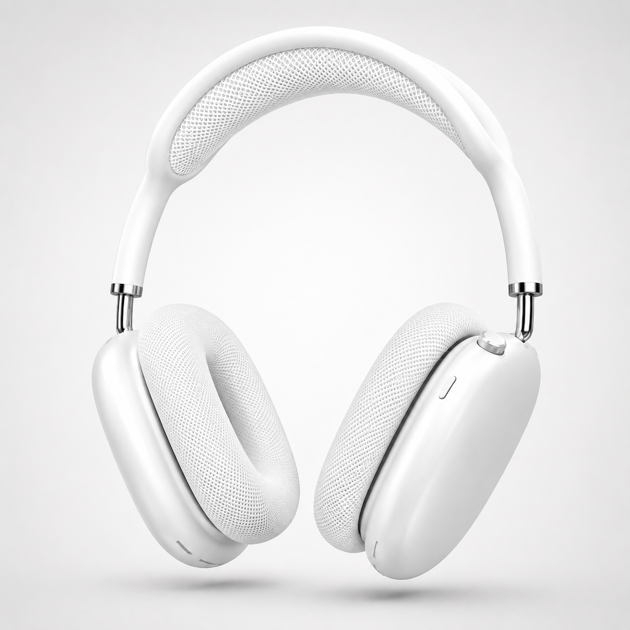 Premium white wireless over-ear Bluetooth headphones with breathable mesh ear cushions, ergonomic memory foam padding, adjustable mesh canopy headband, and minimalist luxury design displayed