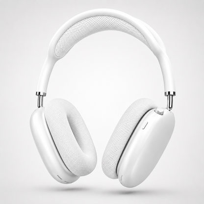 Premium white wireless over-ear Bluetooth headphones with breathable mesh ear cushions, ergonomic memory foam padding, adjustable mesh canopy headband, and minimalist luxury design displayed