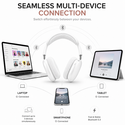 Premium infographic showing white wireless Bluetooth over-ear headphones seamlessly connected to a laptop, smartphone, and tablet via Bluetooth 5.3, illustrating stable multi-device connectivity and effortless switching between devices.