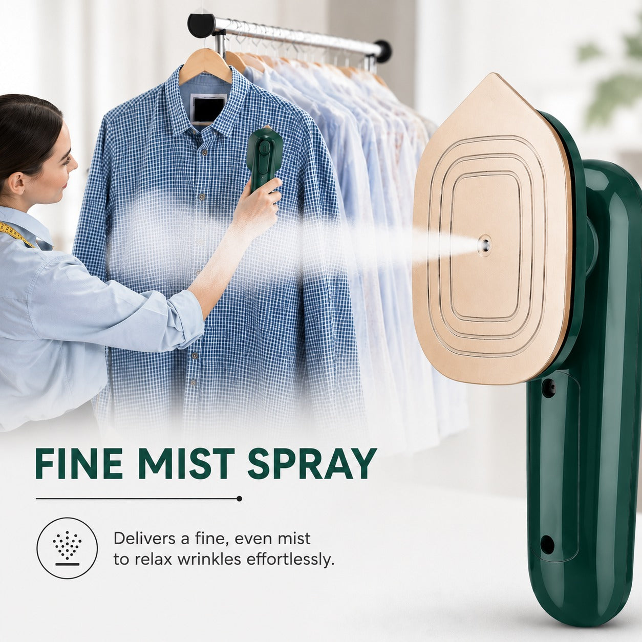 Compact Dry Iron with Mist Spray delivering fine mist for easy wrinkle removal on shirts and delicate fabrics