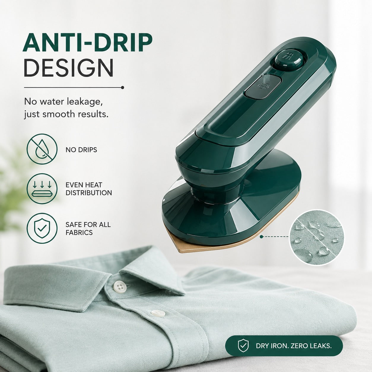 Portable Compact Dry Iron with Mist Spray featuring anti-drip design, smooth heating and safe ironing for clothes