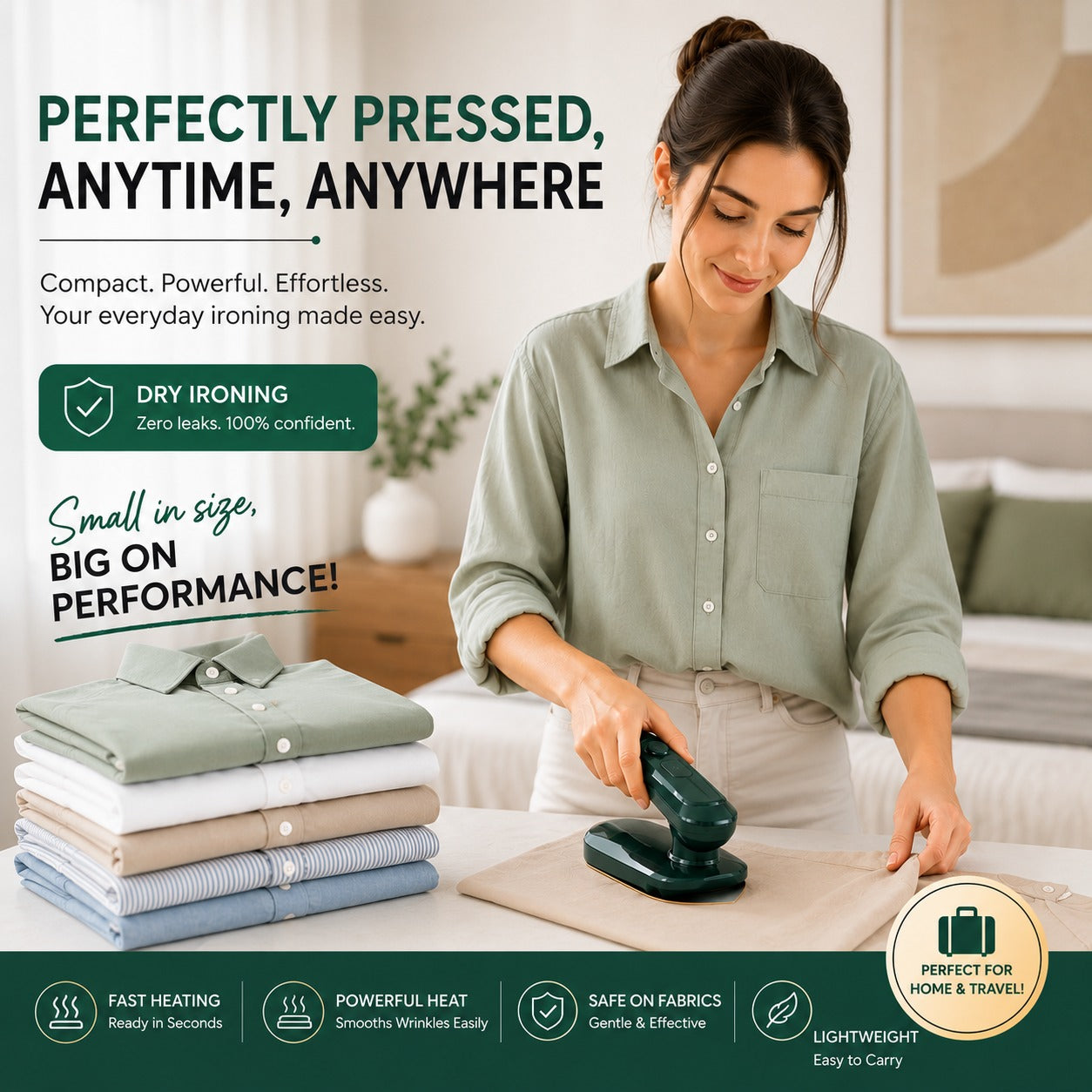 Compact Dry Iron with Mist Spray in home ironing setup for shirts, trousers and everyday garment care