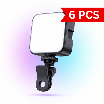 Compact RGB LED video light with universal clip, cold shoe mount, and adjustable colour temperature for photography and live streaming.