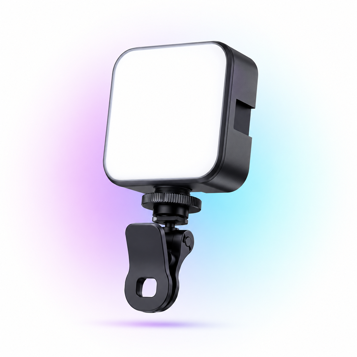 Compact RGB LED video light with universal clip, cold shoe mount, and adjustable colour temperature for photography and live streaming. 