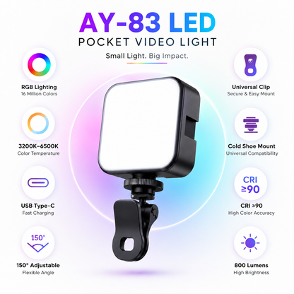 Compact LED video light with adjustable brightness, universal clip, and Type-C charging for content creation.
