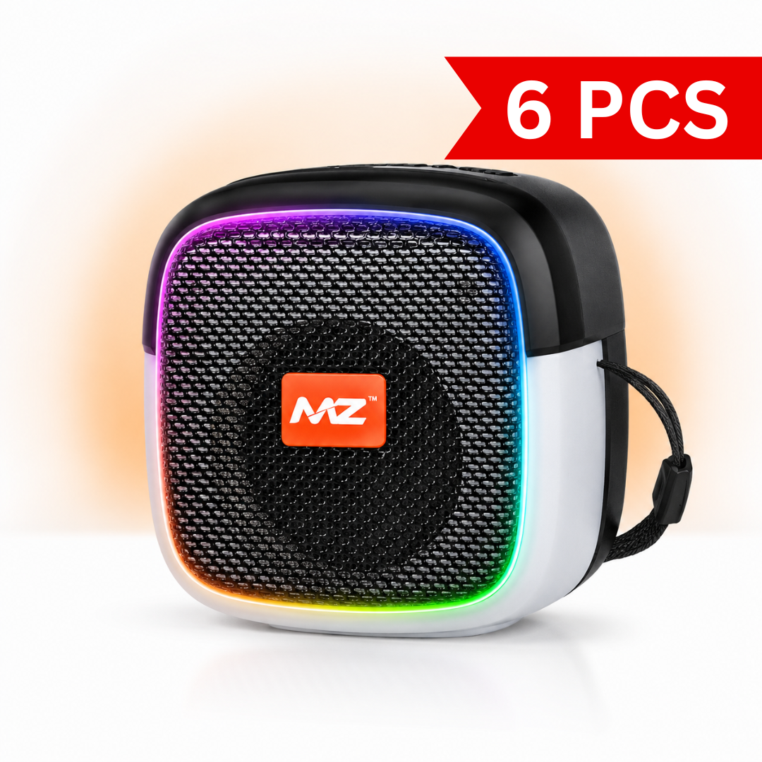Portable M424SP wireless Bluetooth speaker with colourful RGB disco LED lighting, compact square body, textured front grille, and carry strap