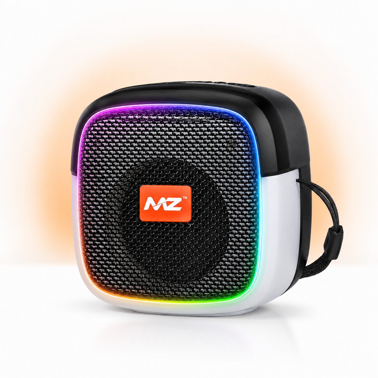Portable M424SP wireless Bluetooth speaker with colourful RGB disco LED lighting, compact square body, textured front grille, and carry strap