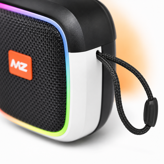 Close-up of the M424SP portable Bluetooth speaker showing the durable woven wrist strap, RGB LED border, textured speaker grille, and compact rounded design.