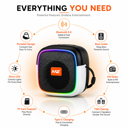 Mini wireless Bluetooth speaker with RGB disco LED lighting featuring Bluetooth 5.0, bass audio, FM radio, TWS pairing, TF card support, Type-C charging, and portable compact design