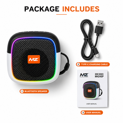 Package contents of the M424SP mini Bluetooth speaker including the wireless speaker, USB Type-C charging cable, and user manual displayed