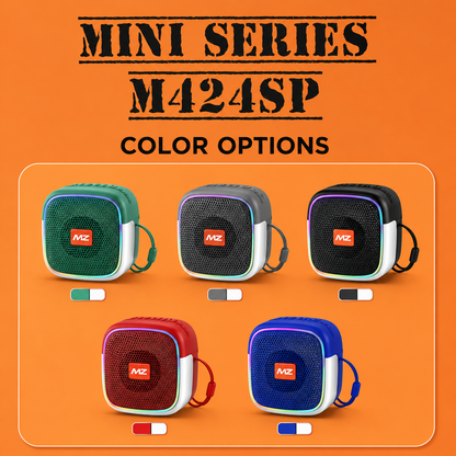 Color options for the M424SP Mini Wireless Bluetooth Speaker showing five available finishes—green, grey, black, red, and blue. Each compact portable speaker features RGB disco LED lighting, a textured front grille, carry strap, and modern square design