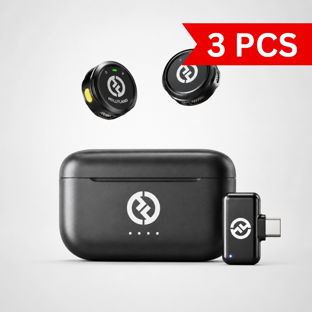 Compact wireless lavalier microphone system featuring two button-sized transmitters, USB-C receiver adapter, and portable charging case displayed