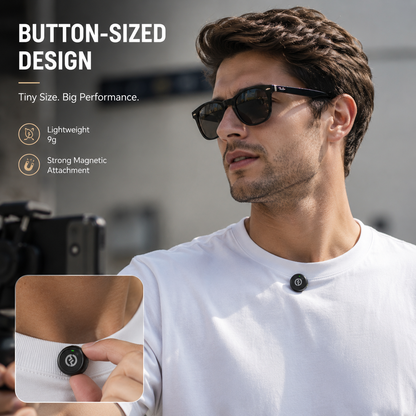Content creator wearing a lightweight button-sized wireless microphone clipped to a white t-shirt collar, showcasing discreet design, magnetic attachment, and hands-free audio recording.