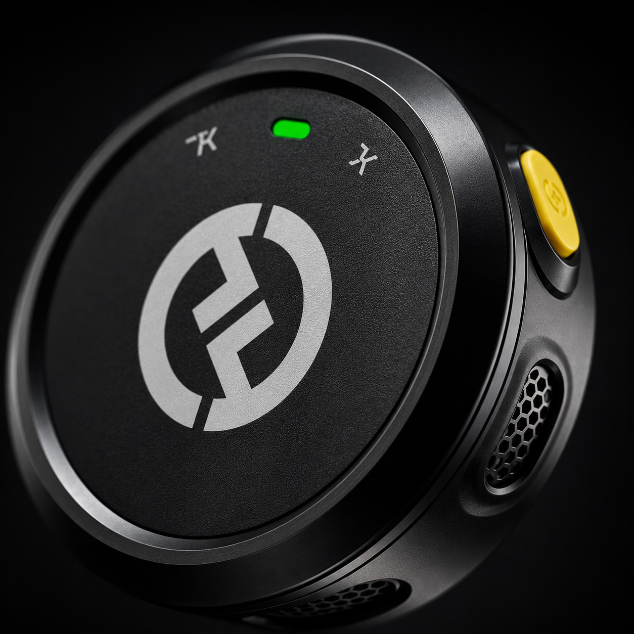 Compact wireless lavalier microphone transmitter with LED indicator and clip-on design.