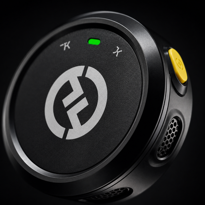 Compact wireless lavalier microphone transmitter with LED indicator and clip-on design.
