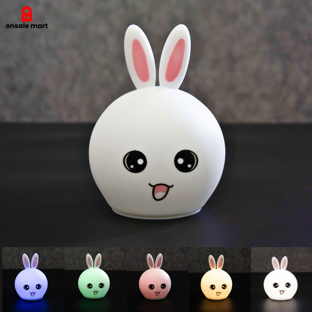 Cute Bunny Night Light silicone rabbit lamp in white with color changing LED options displayed below.