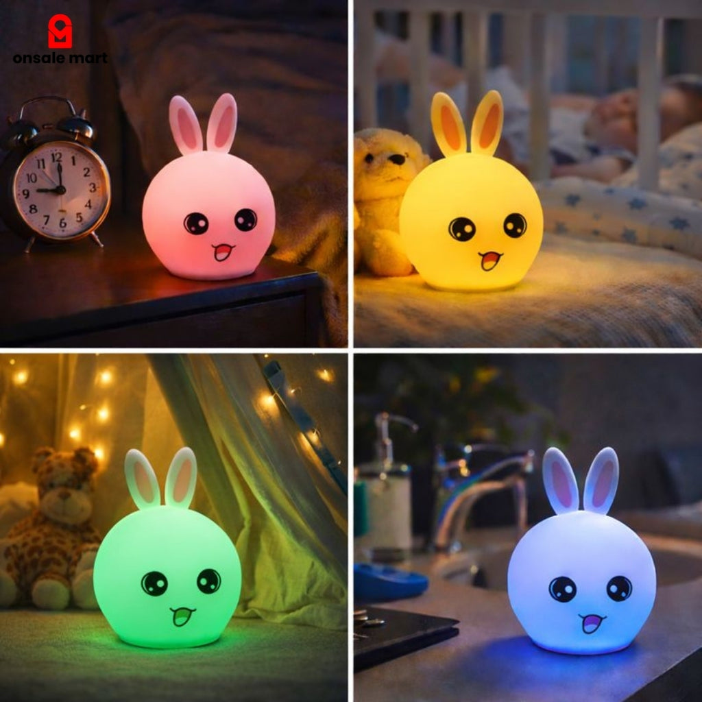 Cute Bunny Night Light silicone color changing rabbit lamp used as bedside, nursery and ambient night lamp.