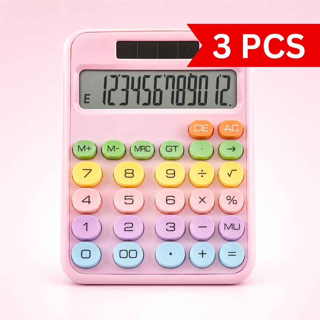 Cute pastel calculator with oversized round keys and large display, designed for students, office work, home budgeting, accounting, and shop billing.