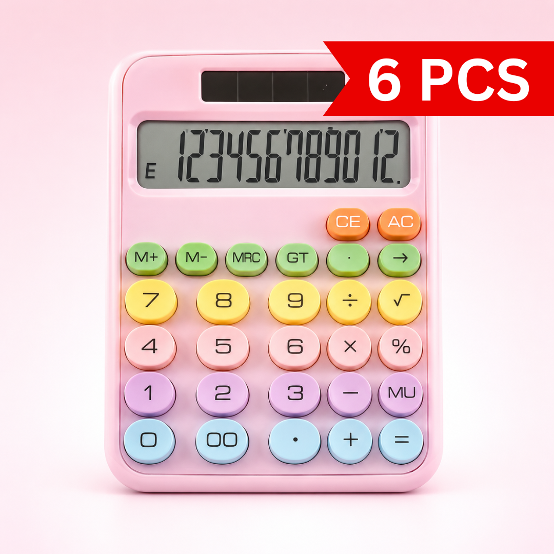 Cute pastel calculator with oversized round keys and large display, designed for students, office work, home budgeting, accounting, and shop billing.