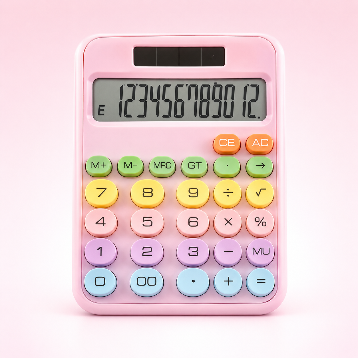 Cute pastel calculator with oversized round keys and large display, designed for students, office work, home budgeting, accounting, and shop billing.