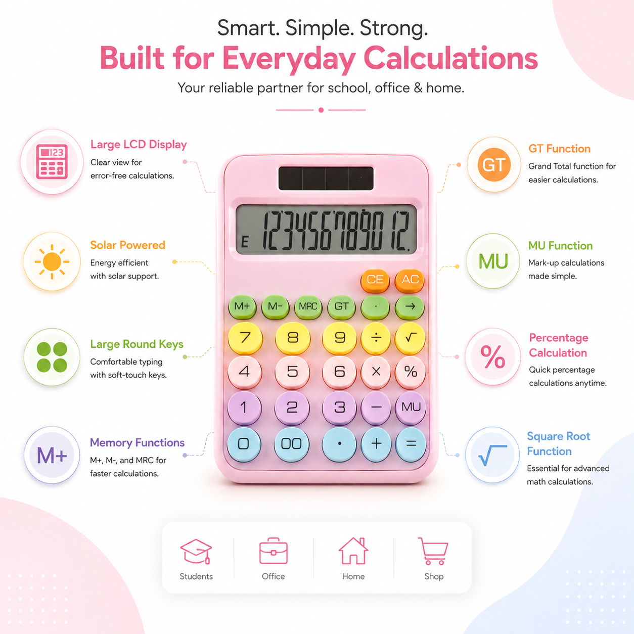 Pastel desktop calculator with large LCD display, solar-powered support, memory functions, GT and MU keys, percentage calculation, and large round buttons for comfortable use.