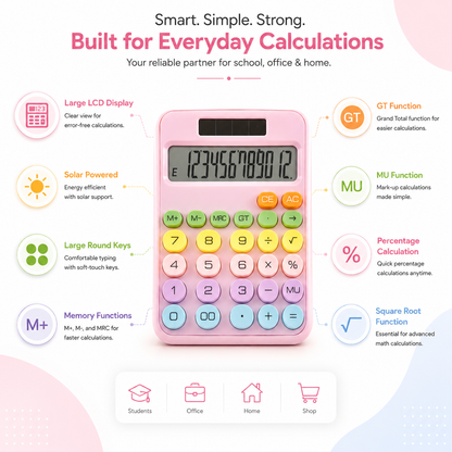 Pastel desktop calculator with large LCD display, solar-powered support, memory functions, GT and MU keys, percentage calculation, and large round buttons for comfortable use.