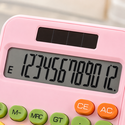 Close-up of pastel pink calculator featuring a large easy-to-read LCD screen, solar panel, and colourful function keys for everyday calculations.