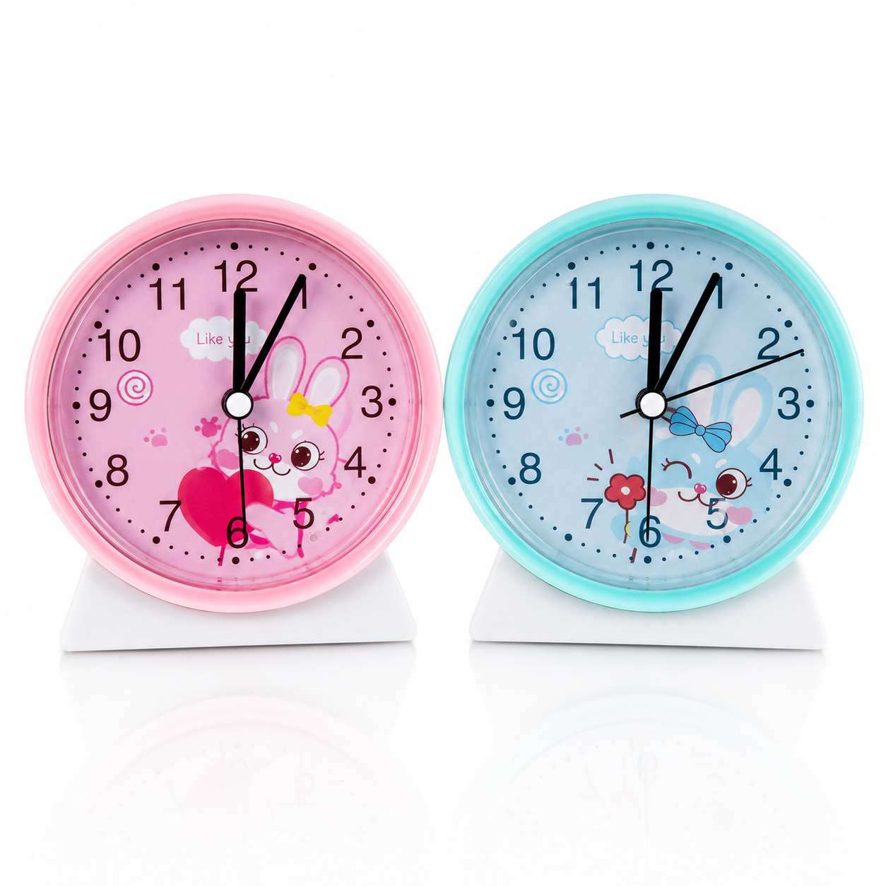 Cute rabbit kids alarm clocks in pink and blue colors featuring large easy-read numbers, analog display, and battery-powered alarm function.