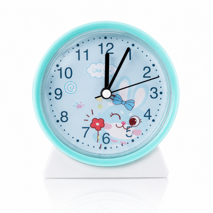 Blue bunny kids analog alarm clock with cartoon rabbit design, large numerals, easy-read display, and tabletop battery-powered clock.