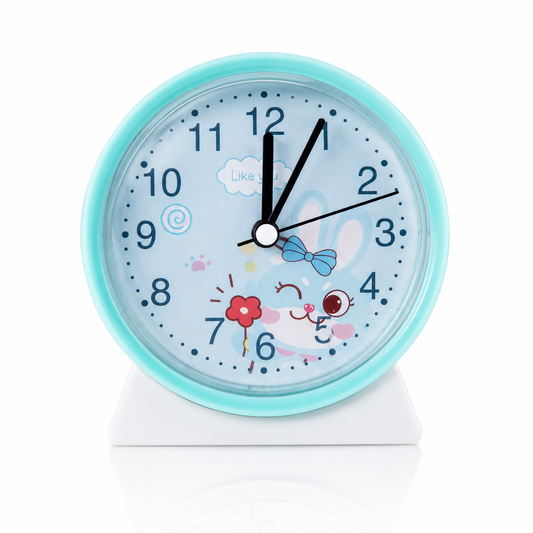 Blue bunny kids analog alarm clock with cartoon rabbit design, large numerals, easy-read display, and tabletop battery-powered clock.