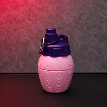 Pink strawberry shape kids water bottle with leak-resistant flip-top lid, portable carry ring and textured fruit design for school and travel